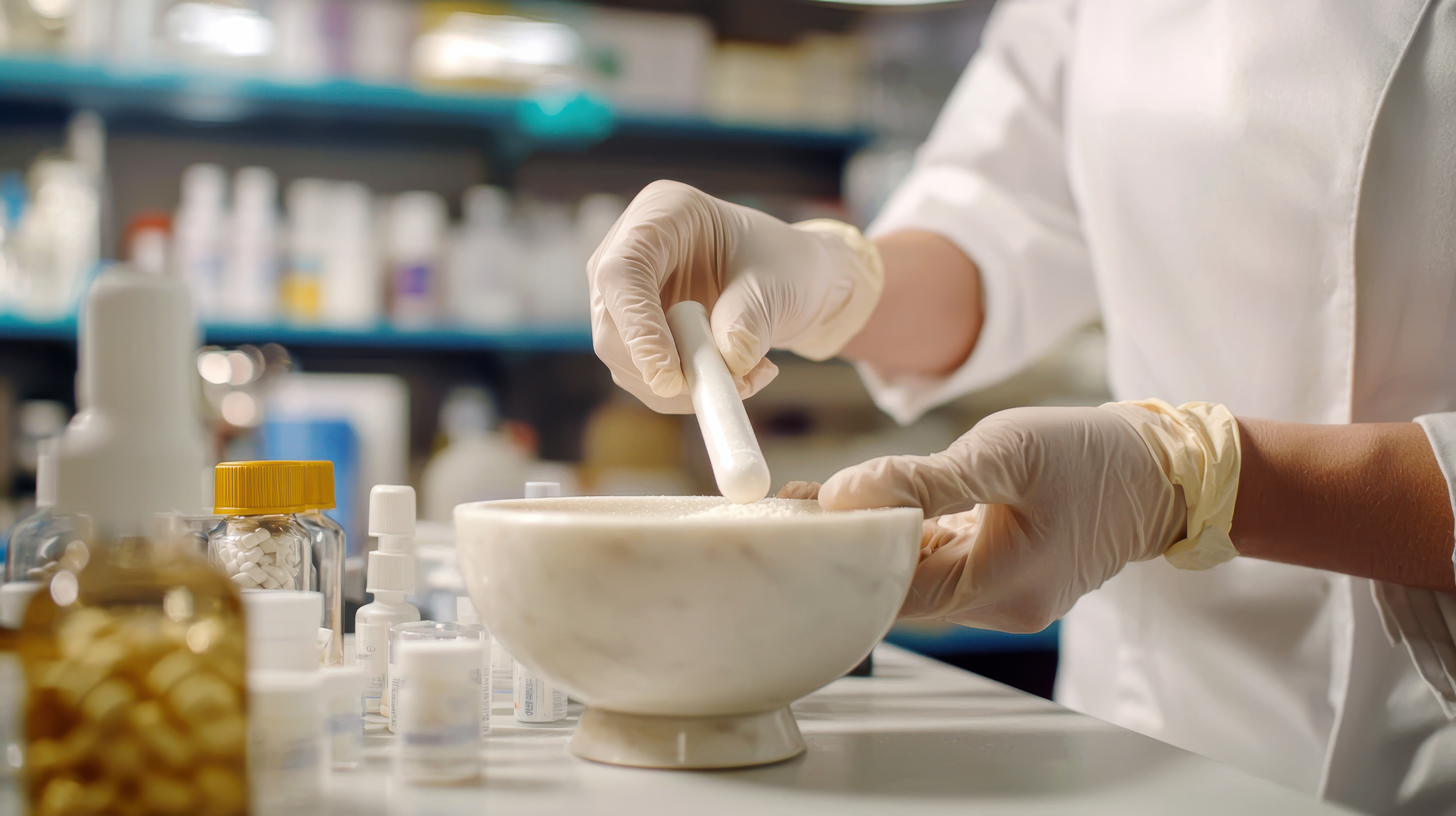 A pharmacist prepares compounded medication using a mortar and pestle in a clean, professional pharmacy lab, emphasizing precision in custom pharmaceutical preparations.