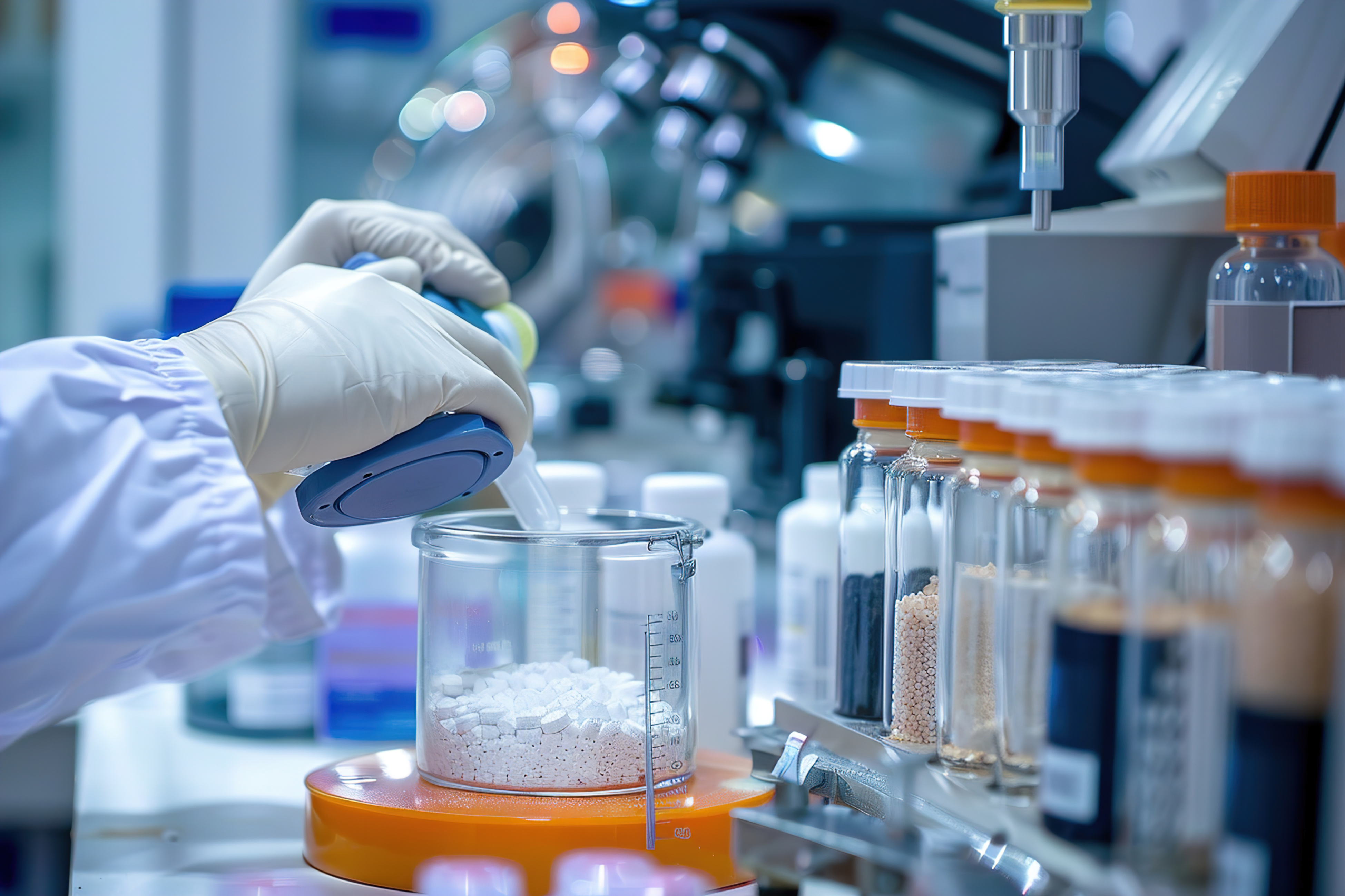 Pharmacist demonstrating compounding techniques for personalized medication, specialized equipment, dedicated workspace.