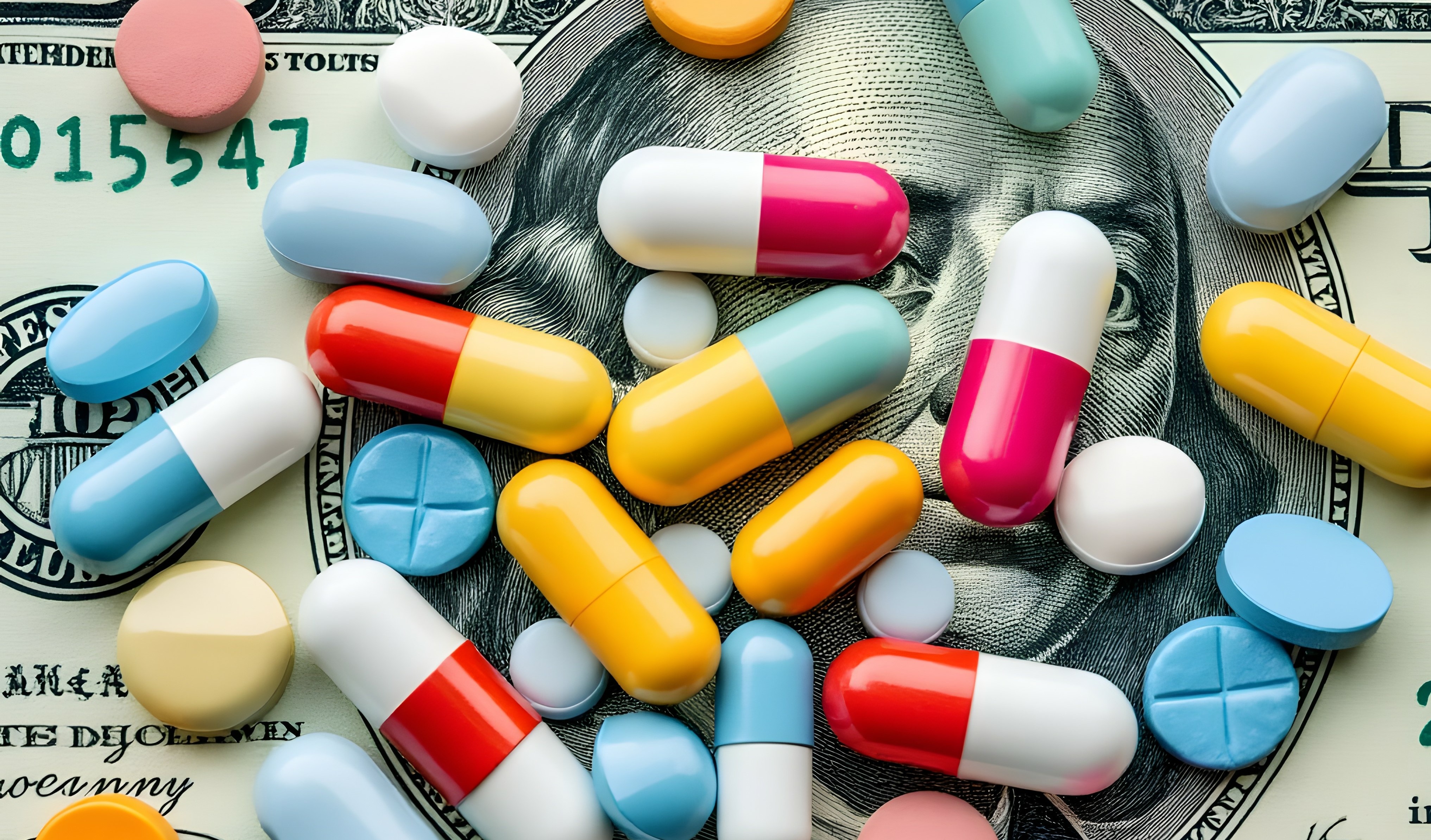 Medical costs and treatment expenses with colorful pills and capsules on US dollar bill for health insurance