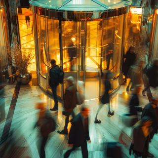 Crowd of people going through revolving door